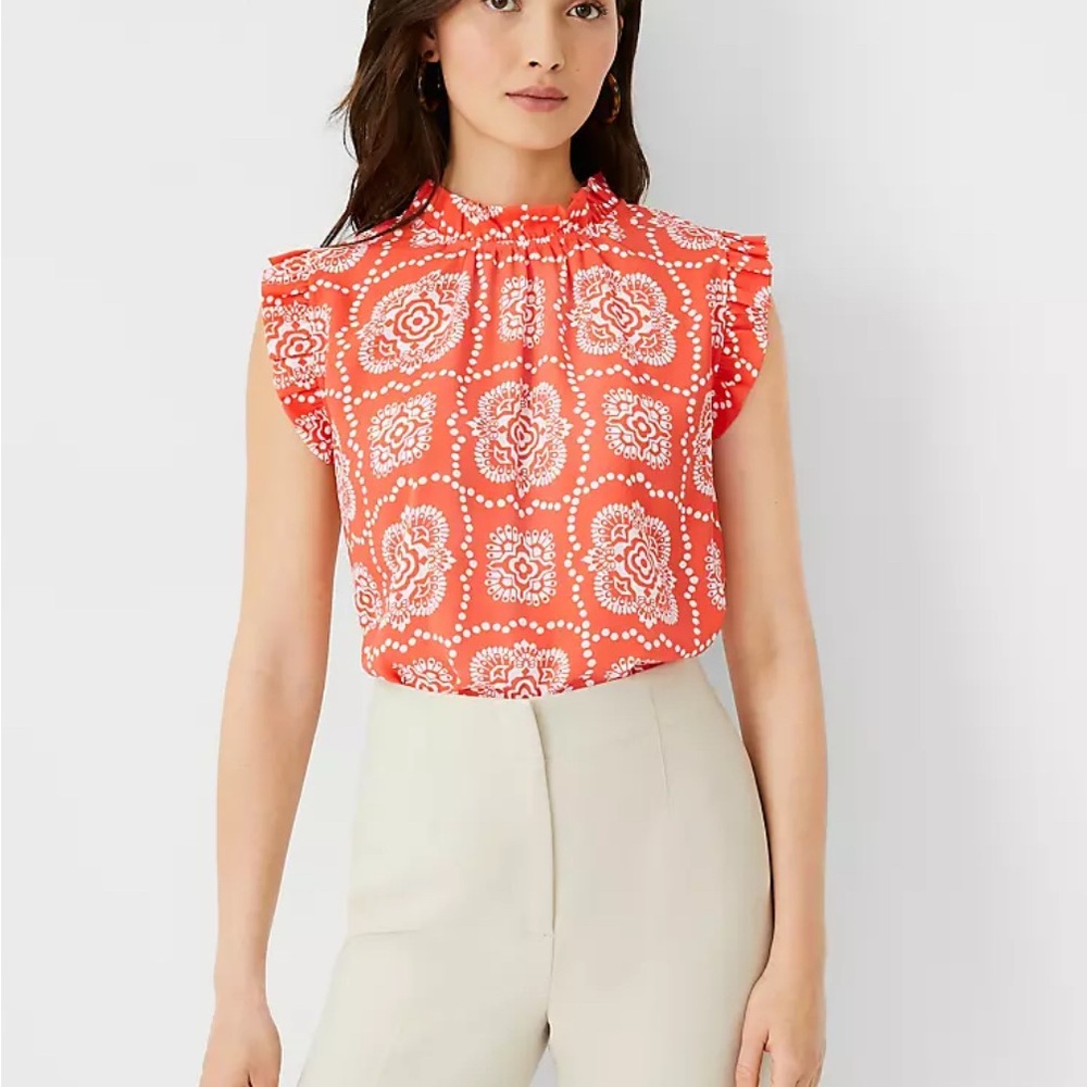 Ann Taylor Orange and White High Neck Ruffle Sleeve Blouse Women’s Size Medium